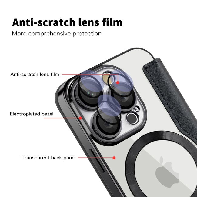 Husa pentru  iPhone 16 Pro Max EliteBook Executive Tip Carte cu Protectie RFID, Compatibilitate MagSafe si protectie lentile Transparent - Negru