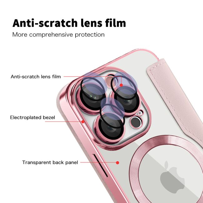 Husa pentru  iPhone 16 Pro Max EliteBook Executive Tip Carte cu Protectie RFID, Compatibilitate MagSafe si protectie lentile Transparent - Roz