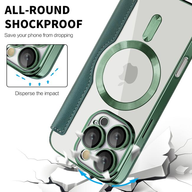 Husa pentru  iPhone 16 Pro Max EliteBook Executive Tip Carte cu Protectie RFID, Compatibilitate MagSafe si protectie lentile Transparent - Verde