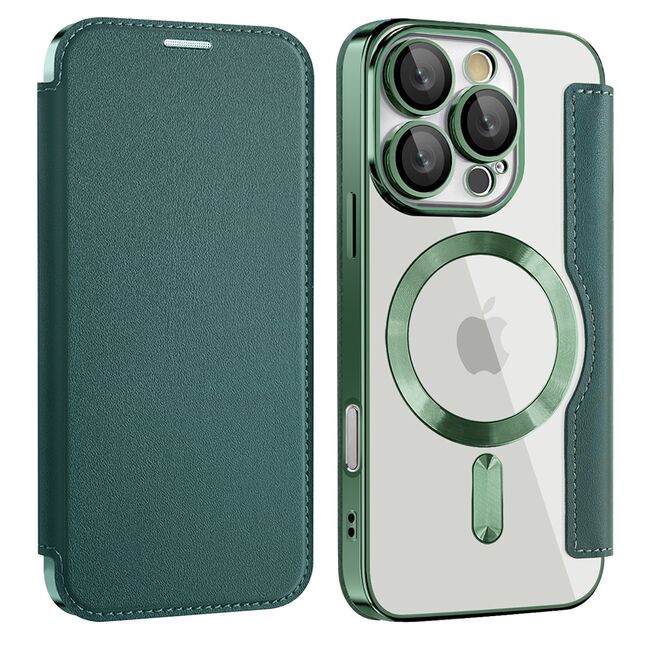 Husa pentru  iPhone 16 Pro Max EliteBook Executive Tip Carte cu Protectie RFID, Compatibilitate MagSafe si protectie lentile Transparent - Verde