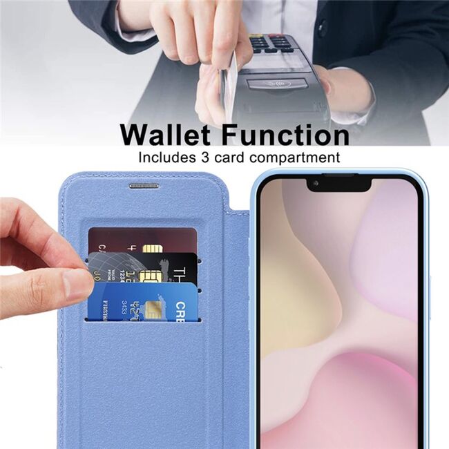 Husa pentru  iPhone 16e EliteBook Executive Tip Carte cu Protectie RFID, Compatibilitate MagSafe si protectie lentile Transparent - Albastru deschis