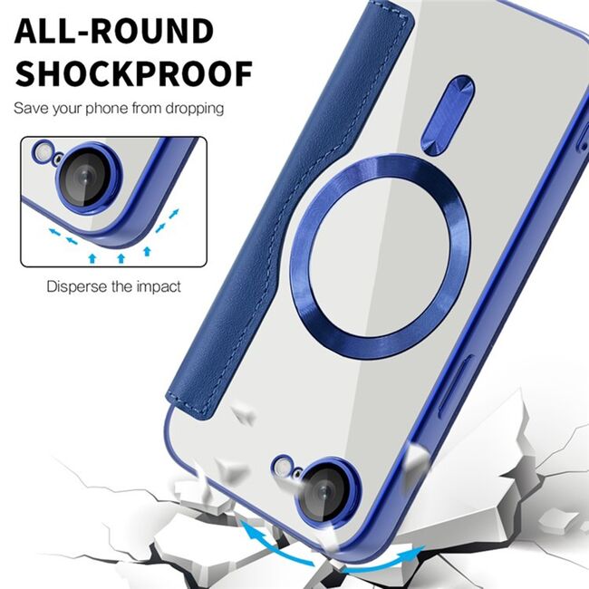 Husa pentru  iPhone 16e EliteBook Executive Tip Carte cu Protectie RFID, Compatibilitate MagSafe si protectie lentile Transparent - Albastru