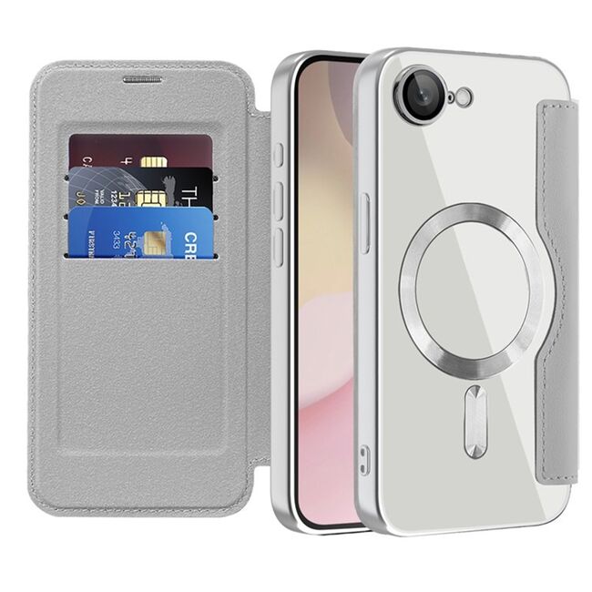 Husa pentru  iPhone 16e EliteBook Executive Tip Carte cu Protectie RFID, Compatibilitate MagSafe si protectie lentile Transparent - Argintiu