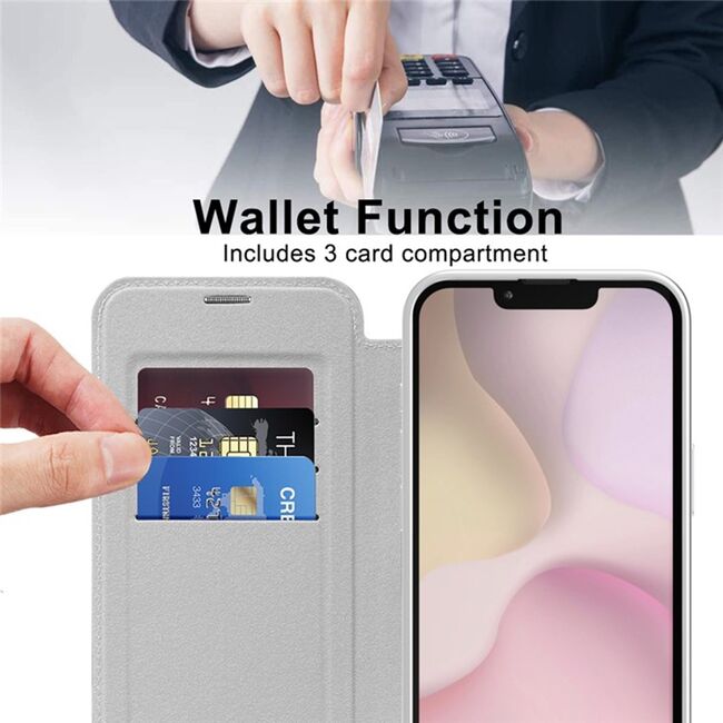 Husa pentru  iPhone 16e EliteBook Executive Tip Carte cu Protectie RFID, Compatibilitate MagSafe si protectie lentile Transparent - Argintiu