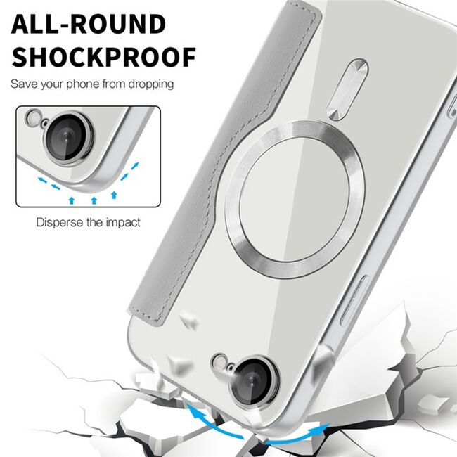 Husa pentru  iPhone 16e EliteBook Executive Tip Carte cu Protectie RFID, Compatibilitate MagSafe si protectie lentile Transparent - Argintiu