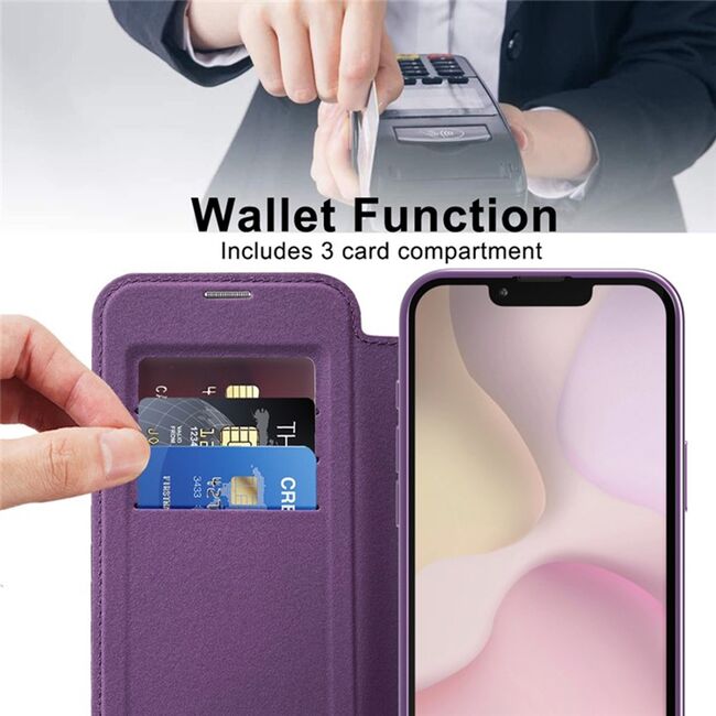 Husa pentru  iPhone 16e EliteBook Executive Tip Carte cu Protectie RFID, Compatibilitate MagSafe si protectie lentile Transparent - Mov