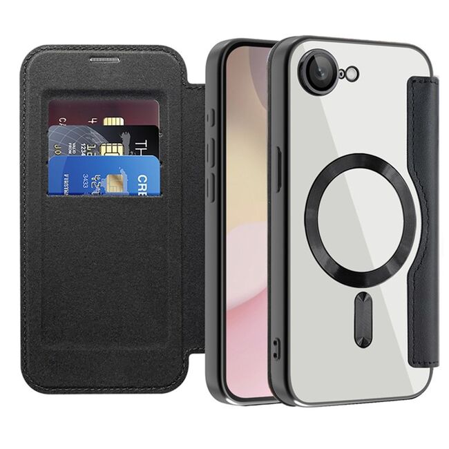 Husa pentru  iPhone 16e EliteBook Executive Tip Carte cu Protectie RFID, Compatibilitate MagSafe si protectie lentile Transparent - Negru