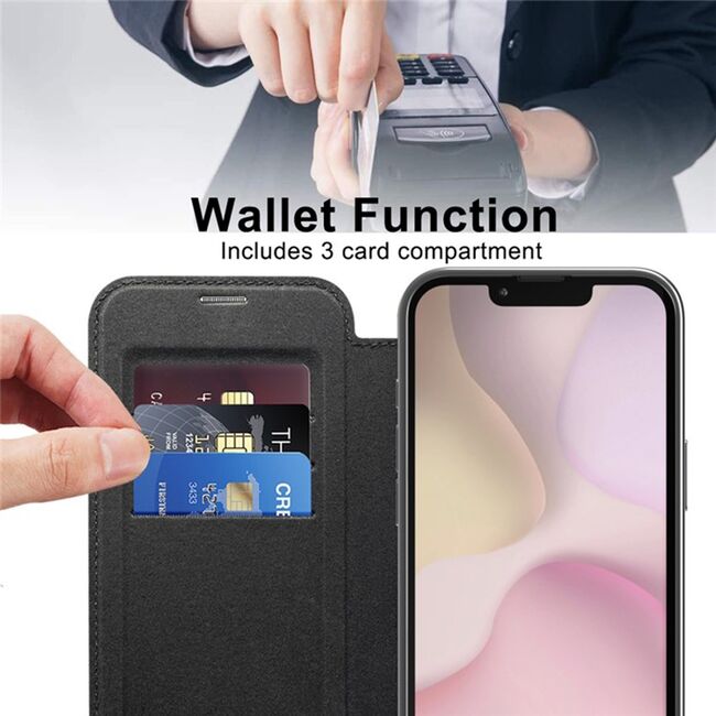 Husa pentru  iPhone 16e EliteBook Executive Tip Carte cu Protectie RFID, Compatibilitate MagSafe si protectie lentile Transparent - Negru