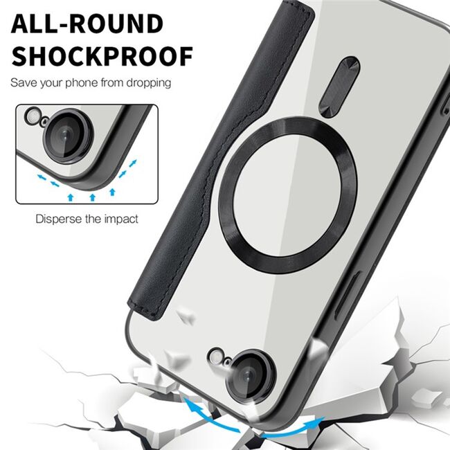 Husa pentru  iPhone 16e EliteBook Executive Tip Carte cu Protectie RFID, Compatibilitate MagSafe si protectie lentile Transparent - Negru