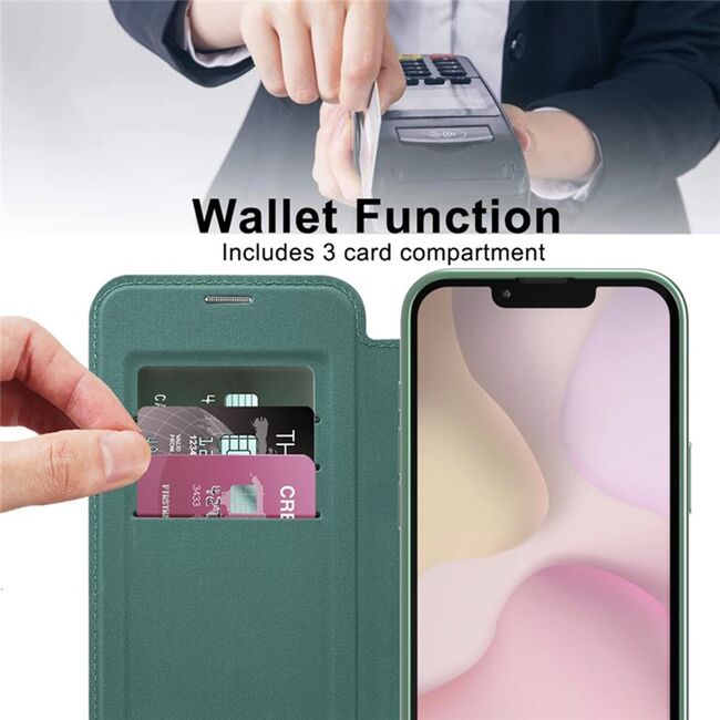Husa pentru  iPhone 16e EliteBook Executive Tip Carte cu Protectie RFID, Compatibilitate MagSafe si protectie lentile Transparent - Verde
