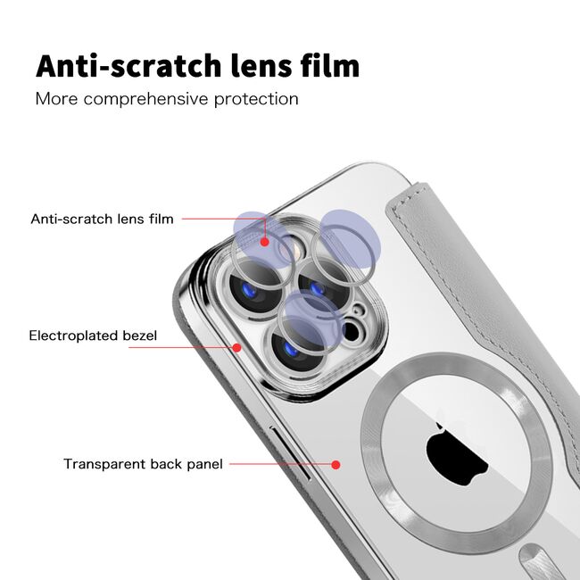 Husa pentru  iPhone 15 Pro EliteBook Executive Tip Carte cu Protectie RFID, Compatibilitate MagSafe si protectie lentile Transparent - Argintiu