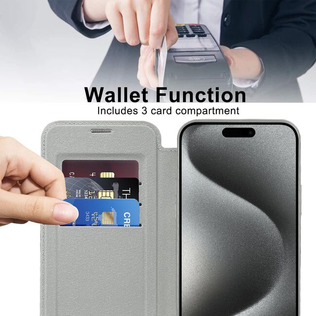 Husa pentru  iPhone 15 Pro EliteBook Executive Tip Carte cu Protectie RFID, Compatibilitate MagSafe si protectie lentile Transparent - Argintiu