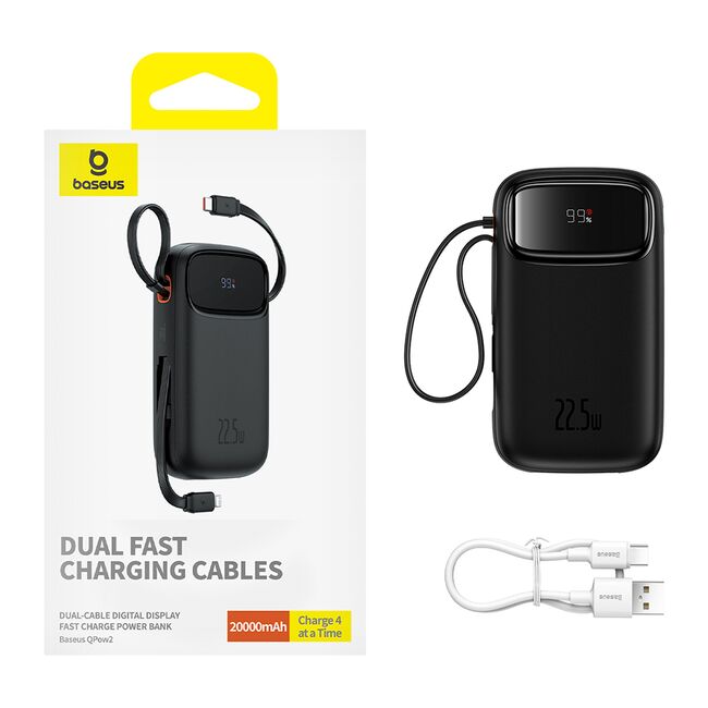 Acumulator Extern Lightning, 2x Type-C, USB, 22.5W, 20000mAh + Cablu Type-C, 30cm - Baseus Qpow Pro+ - Negru