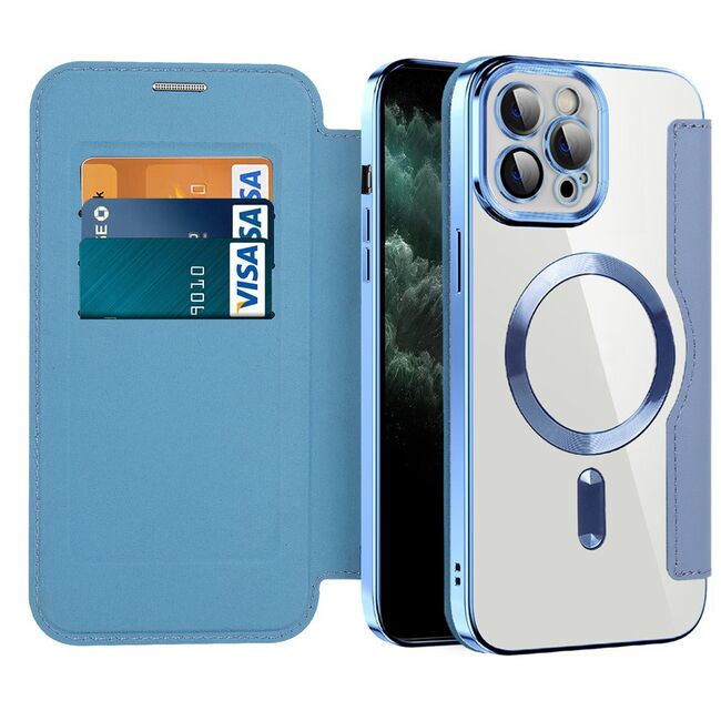 Husa pentru  iPhone 11 Pro Max EliteBook Executive Tip Carte cu Protectie RFID, Compatibilitate MagSafe si protectie lentile Transparent - Albastru deschis
