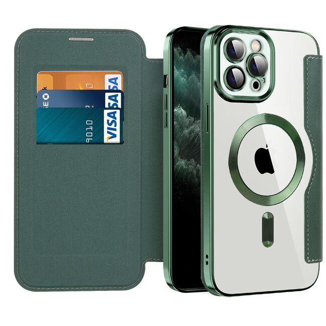 Husa pentru  iPhone 11 Pro Max EliteBook Executive Tip Carte cu Protectie RFID, Compatibilitate MagSafe si protectie lentile Transparent - Verde