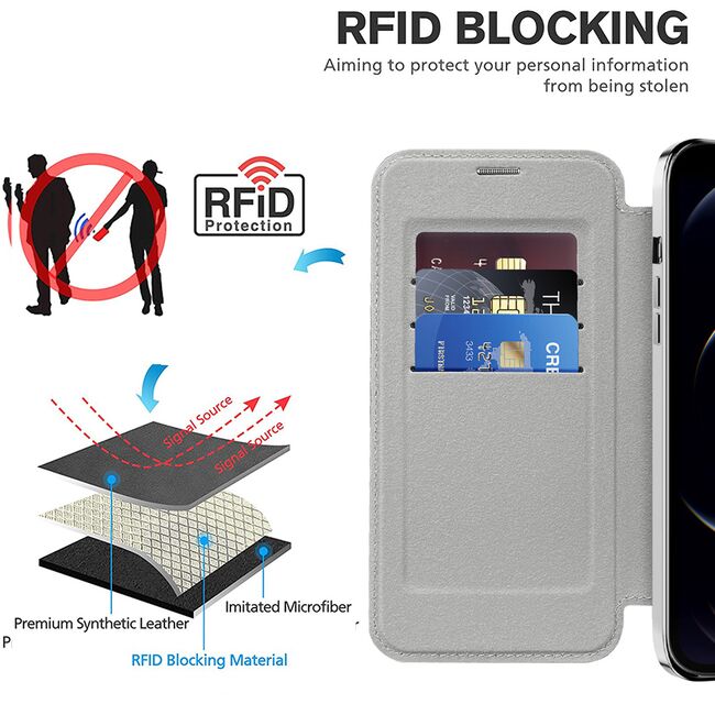 Husa pentru  iPhone 12 Pro EliteBook Executive Tip Carte cu Protectie RFID, Compatibilitate MagSafe si protectie lentile Transparent - Argintiu