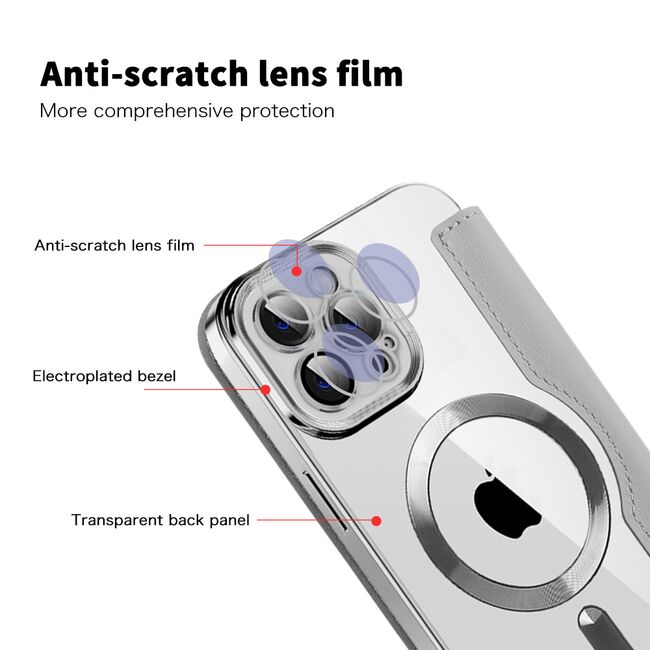 Husa pentru  iPhone 12 Pro EliteBook Executive Tip Carte cu Protectie RFID, Compatibilitate MagSafe si protectie lentile Transparent - Argintiu