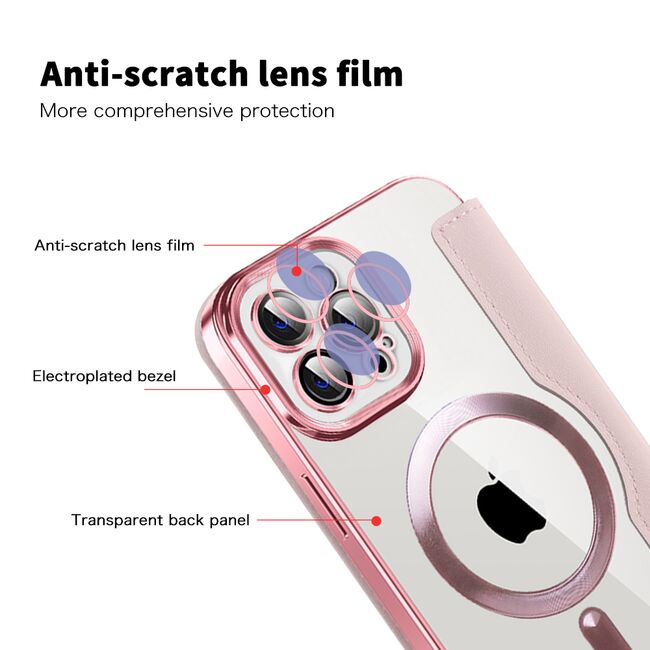 Husa pentru  iPhone 12 Pro EliteBook Executive Tip Carte cu Protectie RFID, Compatibilitate MagSafe si protectie lentile Transparent - Roz
