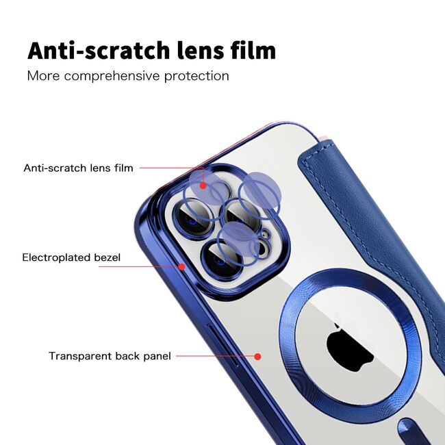 Husa pentru  iPhone 12 Pro Max EliteBook Executive Tip Carte cu Protectie RFID, Compatibilitate MagSafe si protectie lentile Transparent - Albastru