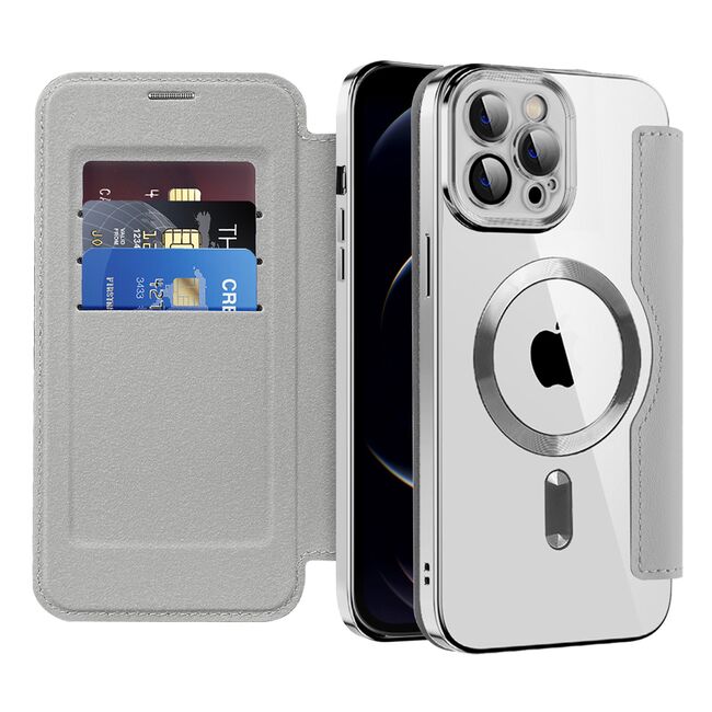 Husa pentru  iPhone 12 Pro Max EliteBook Executive Tip Carte cu Protectie RFID, Compatibilitate MagSafe si protectie lentile Transparent - Argintiu