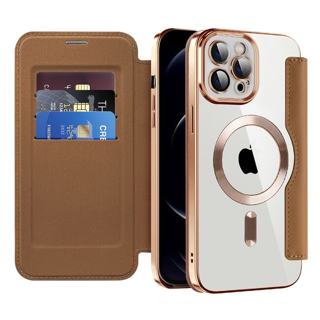 Husa pentru  iPhone 12 Pro Max EliteBook Executive Tip Carte cu Protectie RFID, Compatibilitate MagSafe si protectie lentile Transparent - Maro