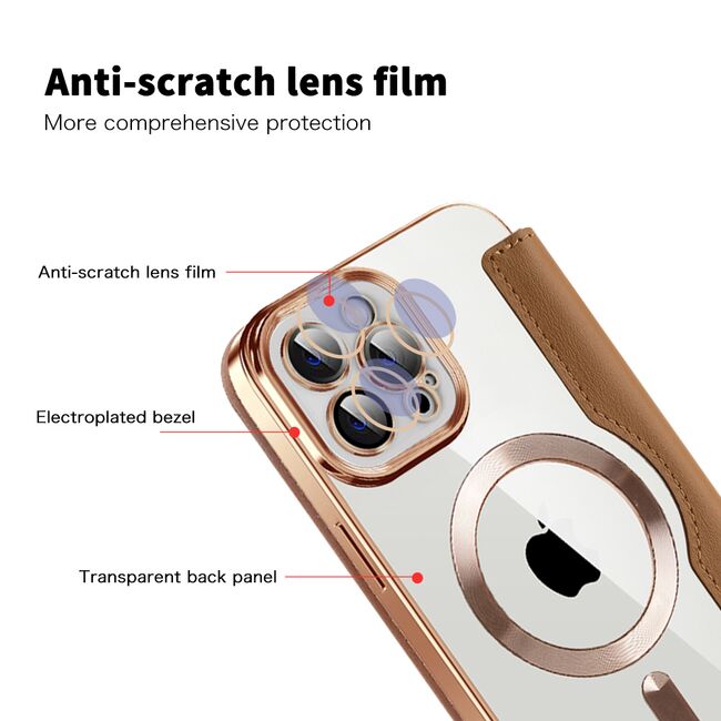 Husa pentru  iPhone 12 Pro Max EliteBook Executive Tip Carte cu Protectie RFID, Compatibilitate MagSafe si protectie lentile Transparent - Maro