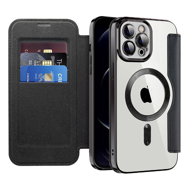 Husa pentru  iPhone 12 Pro Max EliteBook Executive Tip Carte cu Protectie RFID, Compatibilitate MagSafe si protectie lentile Transparent - Negru
