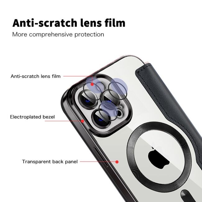 Husa pentru  iPhone 12 Pro Max EliteBook Executive Tip Carte cu Protectie RFID, Compatibilitate MagSafe si protectie lentile Transparent - Negru