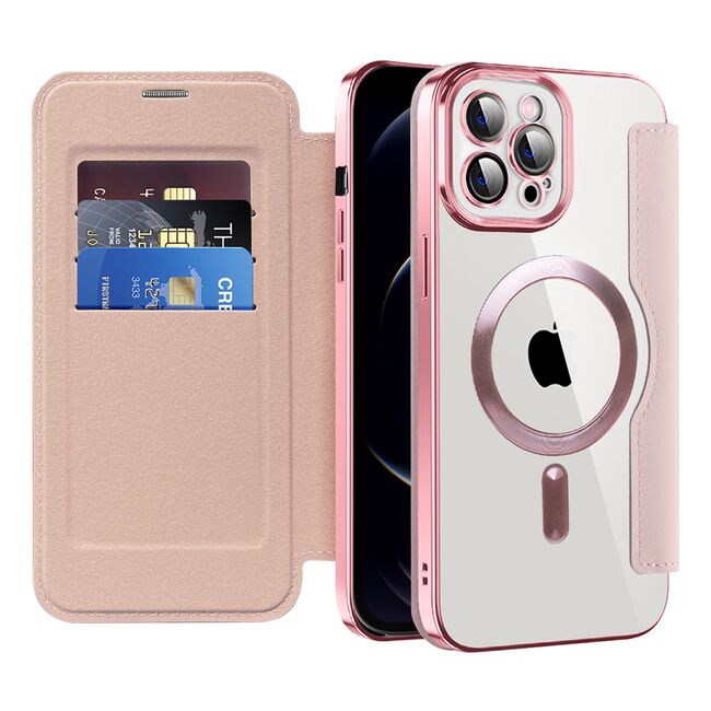 Husa pentru  iPhone 12 Pro Max EliteBook Executive Tip Carte cu Protectie RFID, Compatibilitate MagSafe si protectie lentile Transparent - Roz