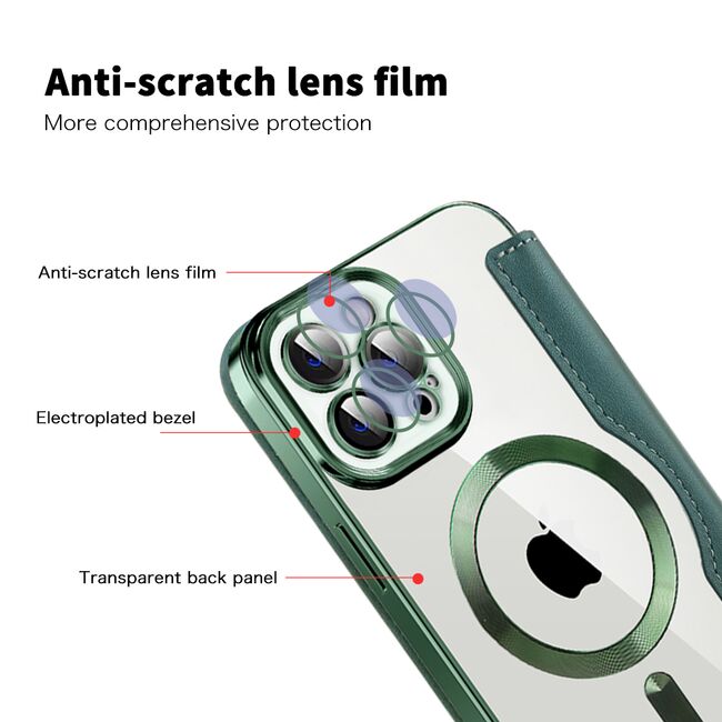 Husa pentru  iPhone 12 Pro Max EliteBook Executive Tip Carte cu Protectie RFID, Compatibilitate MagSafe si protectie lentile Transparent - Verde