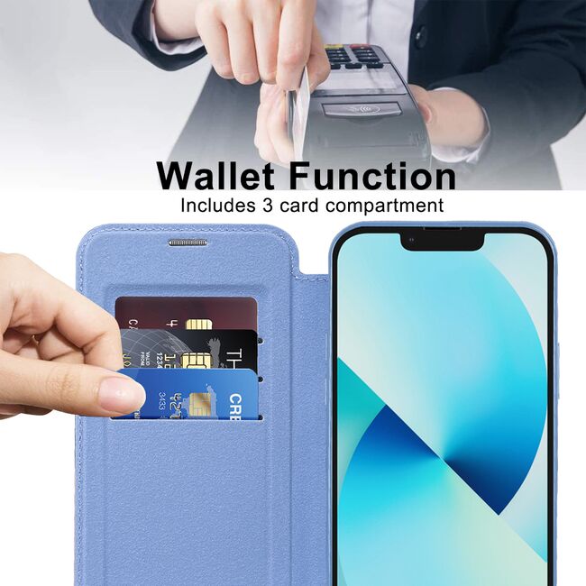 Husa pentru  iPhone 13 EliteBook Executive Tip Carte cu Protectie RFID, Compatibilitate MagSafe si protectie lentile Transparent - Albastru deschis