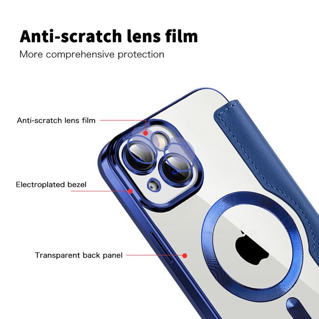 Husa pentru  iPhone 13 EliteBook Executive Tip Carte cu Protectie RFID, Compatibilitate MagSafe si protectie lentile Transparent - Albastru
