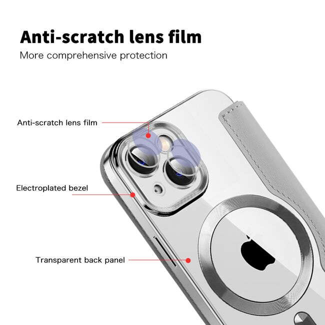 Husa pentru  iPhone 13 EliteBook Executive Tip Carte cu Protectie RFID, Compatibilitate MagSafe si protectie lentile Transparent - Argintiu