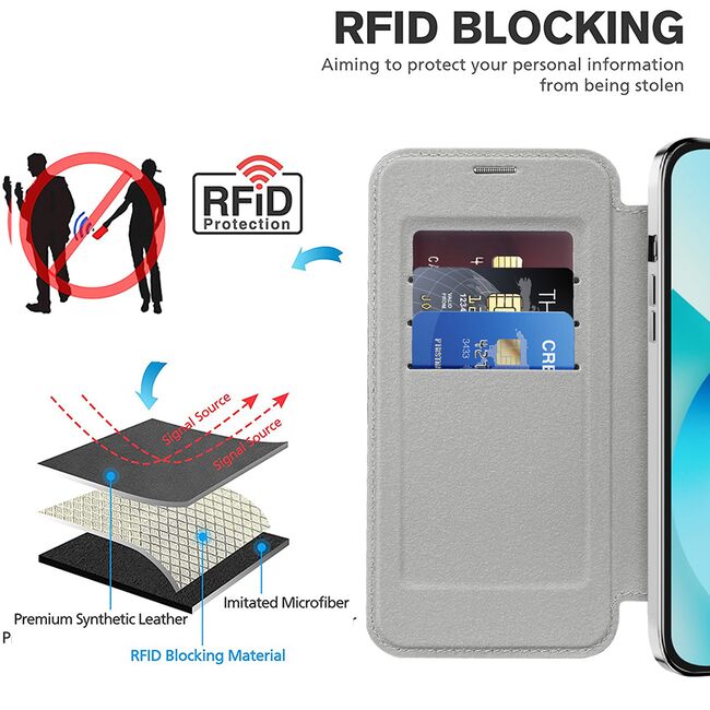 Husa pentru  iPhone 13 EliteBook Executive Tip Carte cu Protectie RFID, Compatibilitate MagSafe si protectie lentile Transparent - Argintiu