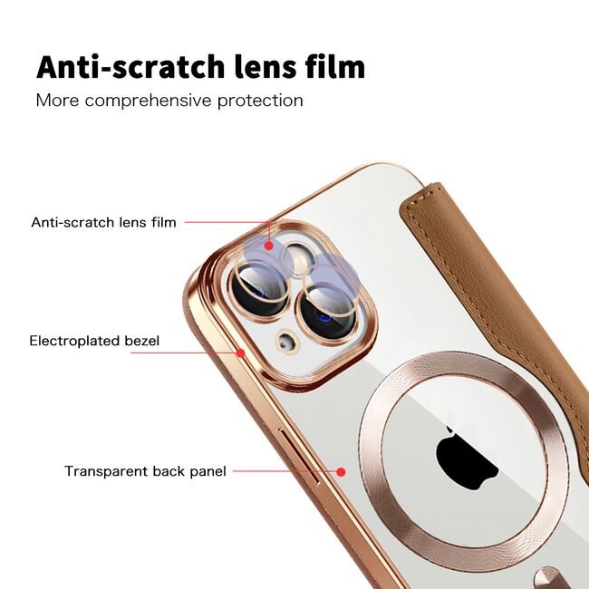 Husa pentru  iPhone 13 EliteBook Executive Tip Carte cu Protectie RFID, Compatibilitate MagSafe si protectie lentile Transparent - Maro