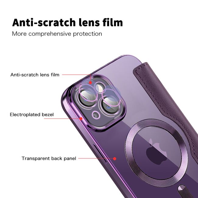 Husa pentru  iPhone 13 EliteBook Executive Tip Carte cu Protectie RFID, Compatibilitate MagSafe si protectie lentile Transparent - Mov