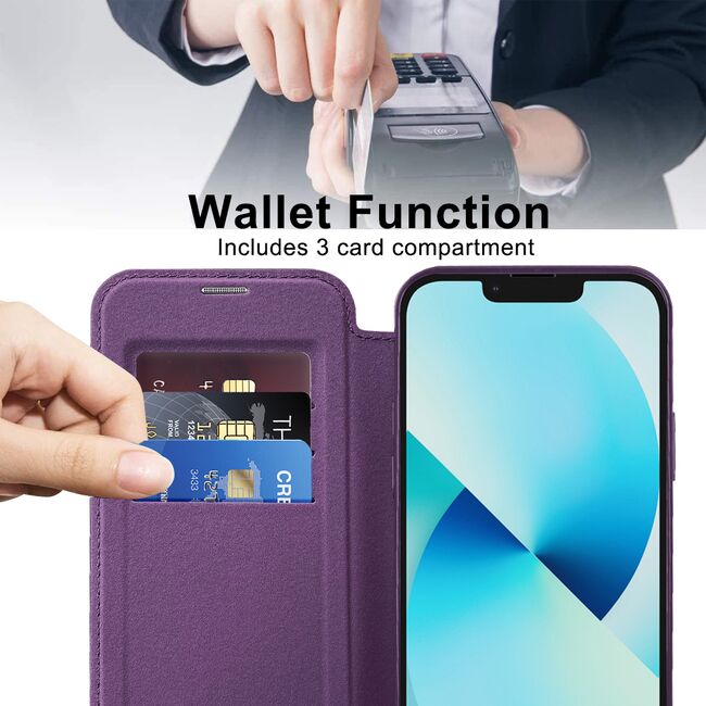 Husa pentru  iPhone 13 EliteBook Executive Tip Carte cu Protectie RFID, Compatibilitate MagSafe si protectie lentile Transparent - Mov