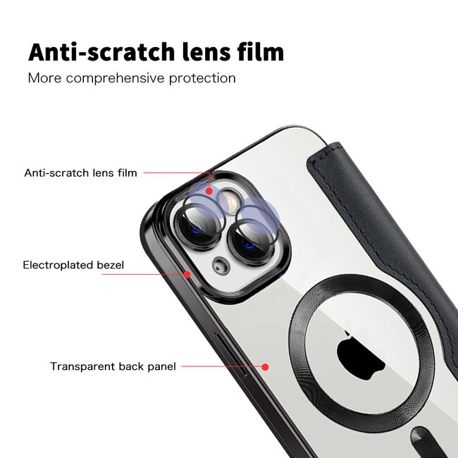 Husa pentru  iPhone 13 EliteBook Executive Tip Carte cu Protectie RFID, Compatibilitate MagSafe si protectie lentile Transparent - Negru
