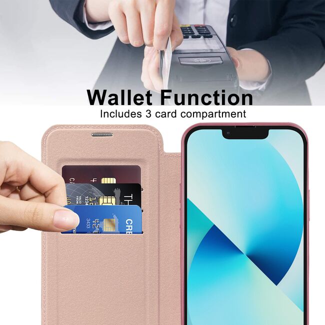Husa pentru  iPhone 13 EliteBook Executive Tip Carte cu Protectie RFID, Compatibilitate MagSafe si protectie lentile Transparent - Roz