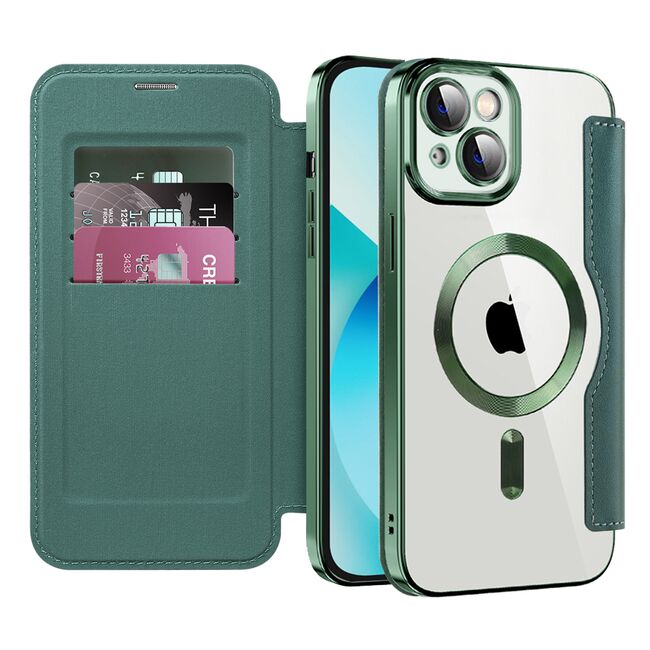 Husa pentru  iPhone 13 EliteBook Executive Tip Carte cu Protectie RFID, Compatibilitate MagSafe si protectie lentile Transparent - Verde