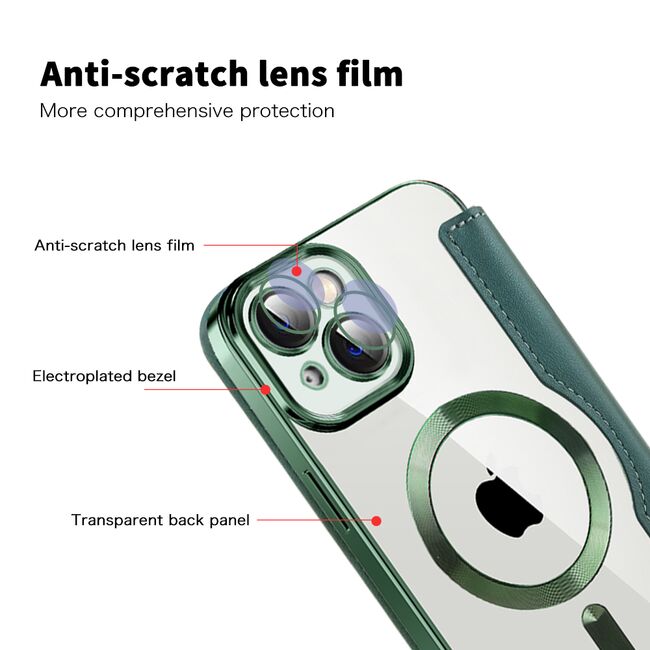Husa pentru  iPhone 13 EliteBook Executive Tip Carte cu Protectie RFID, Compatibilitate MagSafe si protectie lentile Transparent - Verde