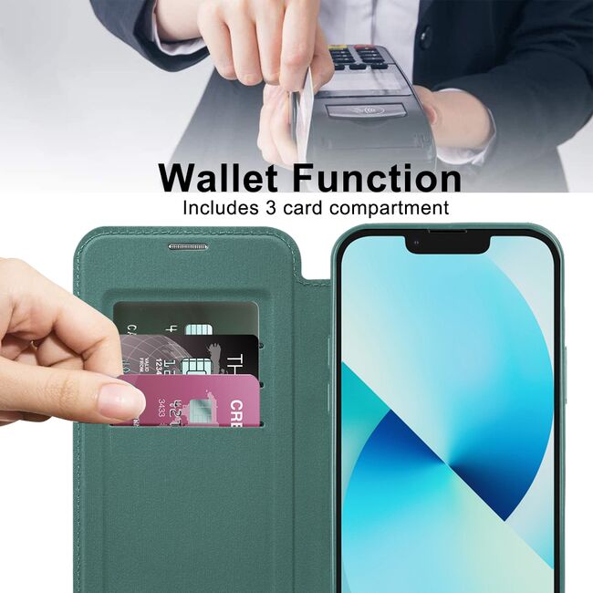 Husa pentru  iPhone 13 EliteBook Executive Tip Carte cu Protectie RFID, Compatibilitate MagSafe si protectie lentile Transparent - Verde
