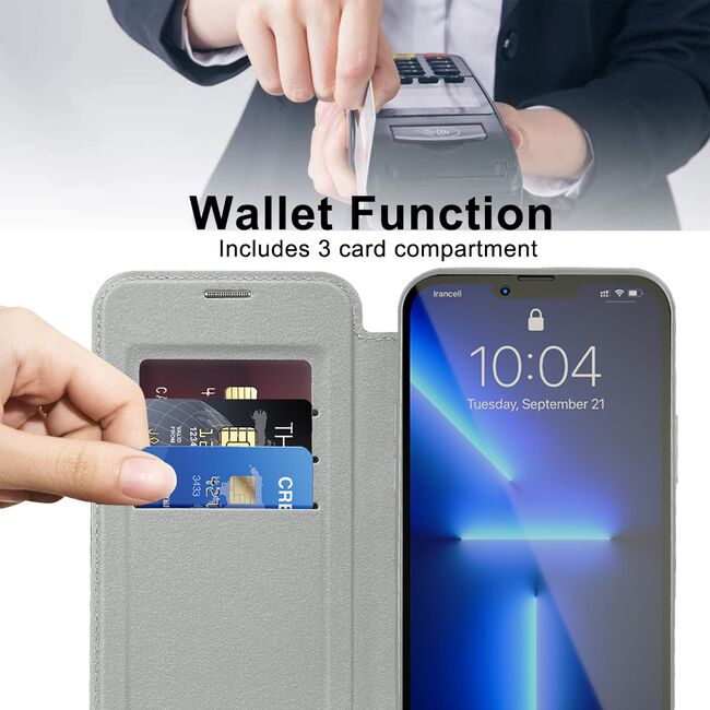 Husa pentru  iPhone 13 Pro EliteBook Executive Tip Carte cu Protectie RFID, Compatibilitate MagSafe si protectie lentile Transparent - Argintiu