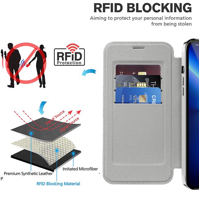 Husa pentru  iPhone 13 Pro EliteBook Executive Tip Carte cu Protectie RFID, Compatibilitate MagSafe si protectie lentile Transparent - Argintiu