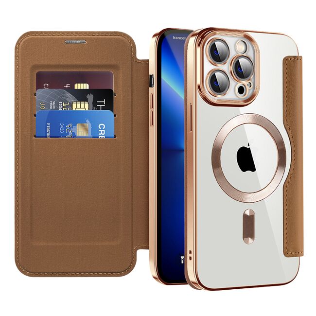 Husa pentru  iPhone 13 Pro EliteBook Executive Tip Carte cu Protectie RFID, Compatibilitate MagSafe si protectie lentile Transparent - Maro