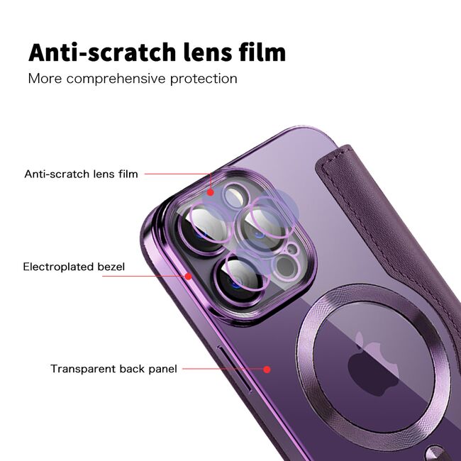 Husa pentru  iPhone 13 Pro EliteBook Executive Tip Carte cu Protectie RFID, Compatibilitate MagSafe si protectie lentile Transparent - Mov