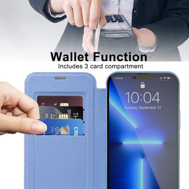 Husa pentru  iPhone 13 Pro Max EliteBook Executive Tip Carte cu Protectie RFID, Compatibilitate MagSafe si protectie lentile Transparent - Albastru deschis