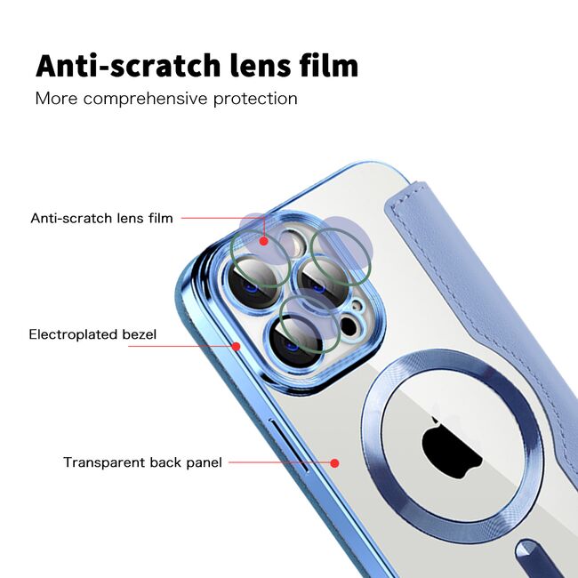 Husa pentru  iPhone 13 Pro Max EliteBook Executive Tip Carte cu Protectie RFID, Compatibilitate MagSafe si protectie lentile Transparent - Albastru deschis