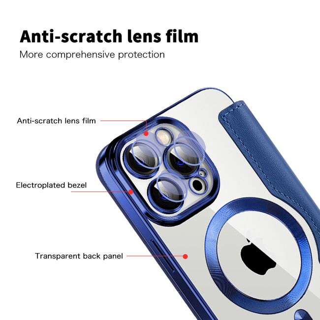 Husa pentru  iPhone 13 Pro Max EliteBook Executive Tip Carte cu Protectie RFID, Compatibilitate MagSafe si protectie lentile Transparent - Albastru