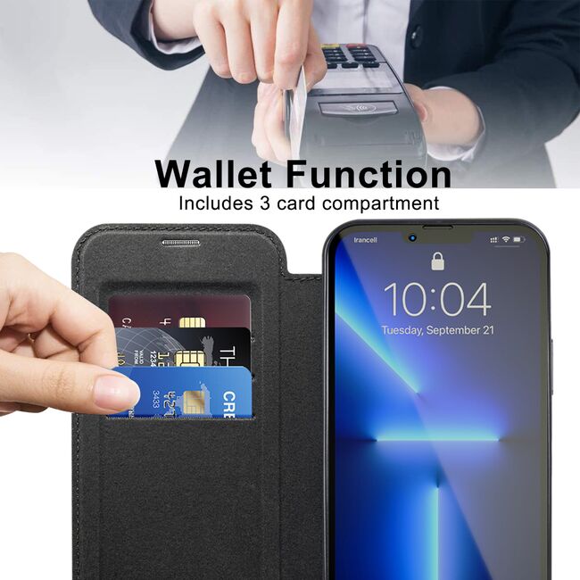 Husa pentru  iPhone 13 Pro Max EliteBook Executive Tip Carte cu Protectie RFID, Compatibilitate MagSafe si protectie lentile Transparent - Negru